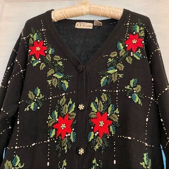 Vintage Beaded + Embroidered Christmas Holiday Poinsettia Cardigan Black + Red M - Picture 3 of 5